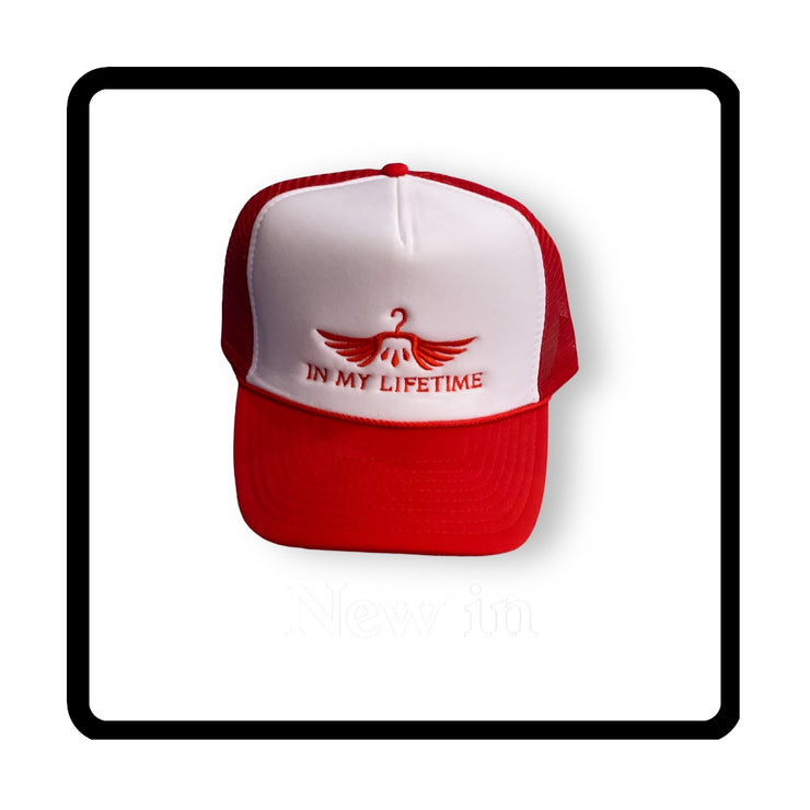 Red Trucker hat with red lettering logo