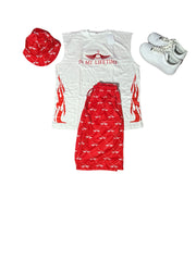 Shorts with zippers set with sleeveless tshirt and matching bucket hat