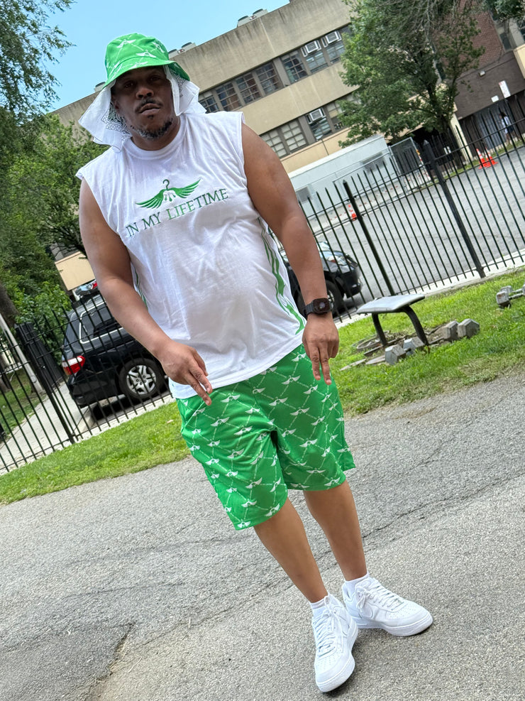 Shorts with zippers set with sleeveless tshirt and matching bucket hat