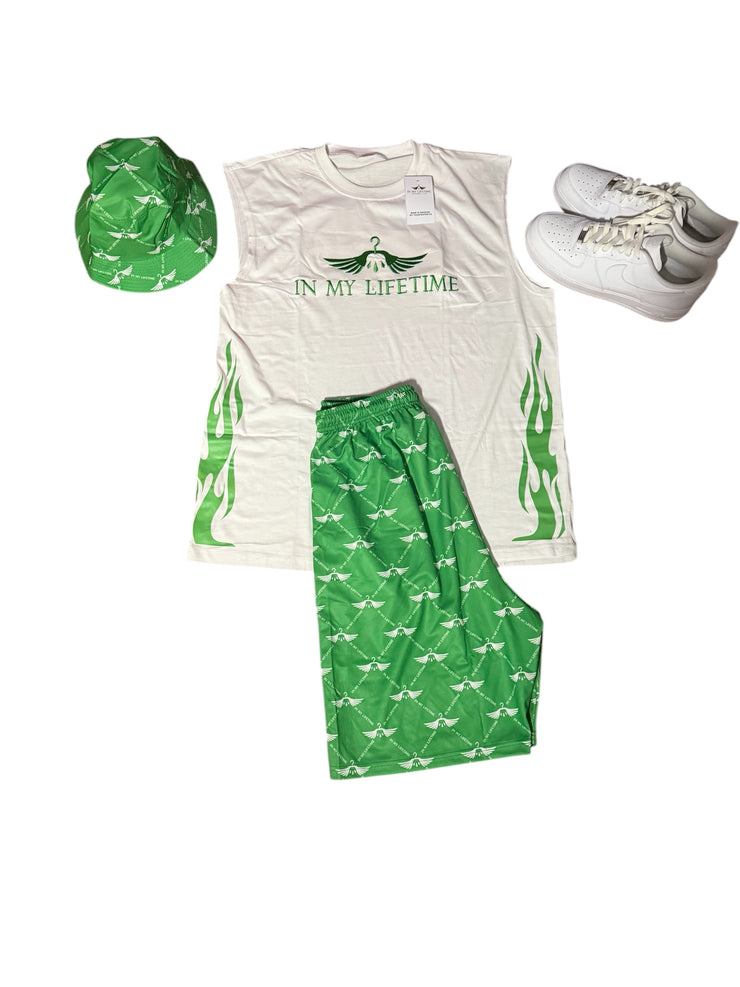 Shorts with zippers set with sleeveless tshirt and matching bucket hat