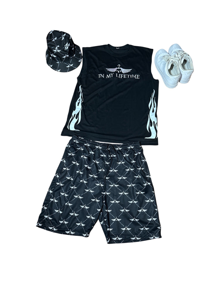 Shorts with zippers set with sleeveless tshirt and matching bucket hat