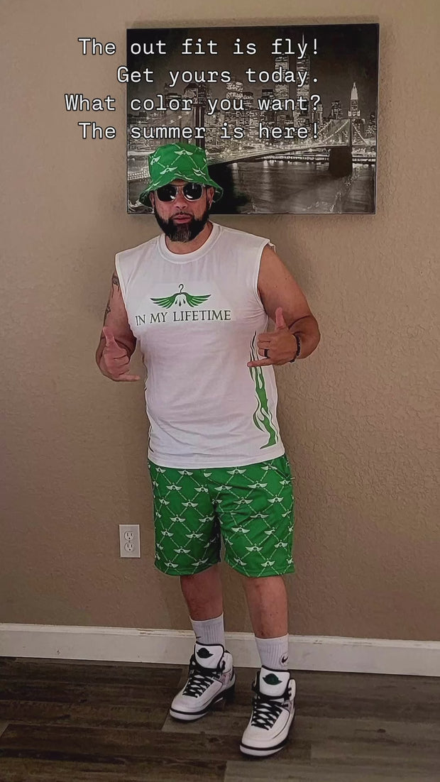 Shorts with zippers set with sleeveless tshirt and matching bucket hat