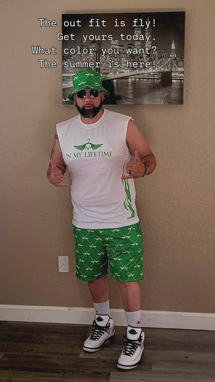 Shorts with zippers set with sleeveless tshirt and matching bucket hat